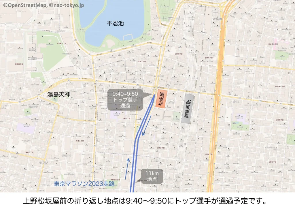 東京マラソン2023における上野松坂屋前付近のコースマップ